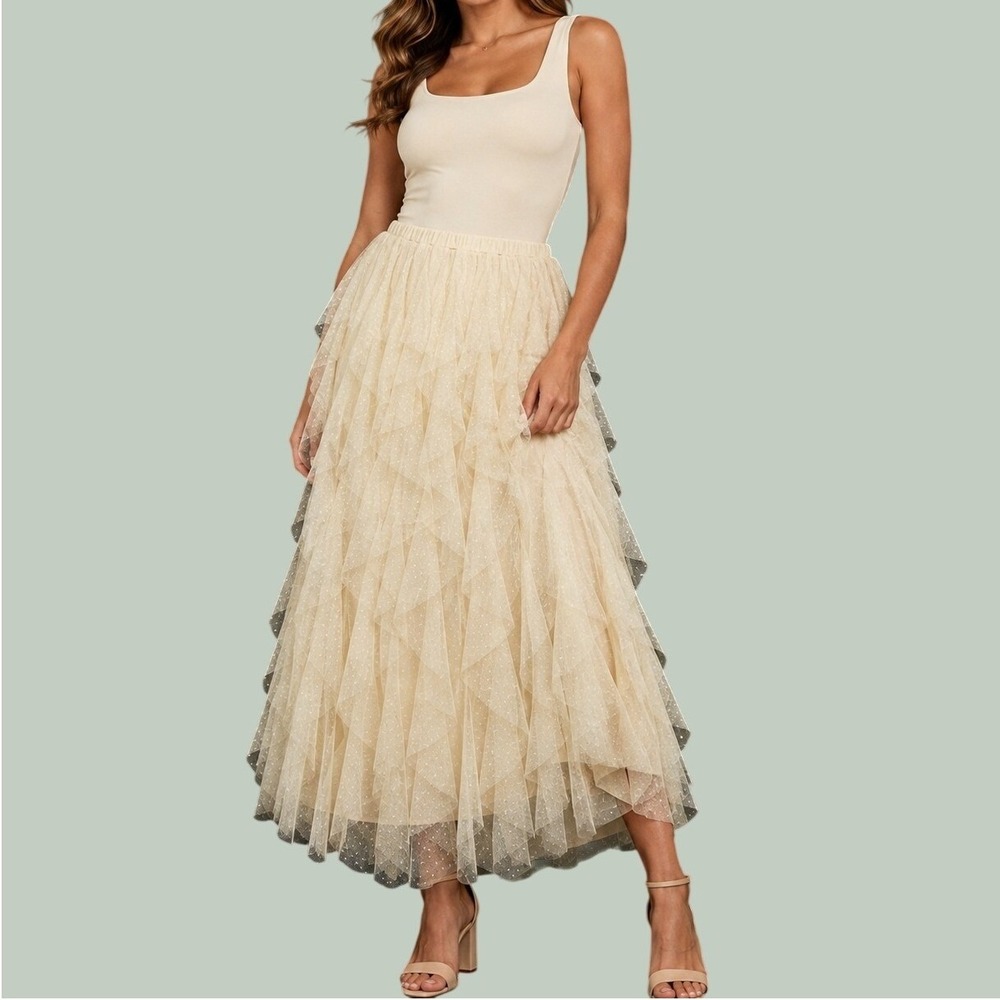*NWT* Altar'd State Ruffle Maxi Skirt Women XS Ivory Boho Cottagecore Tulle